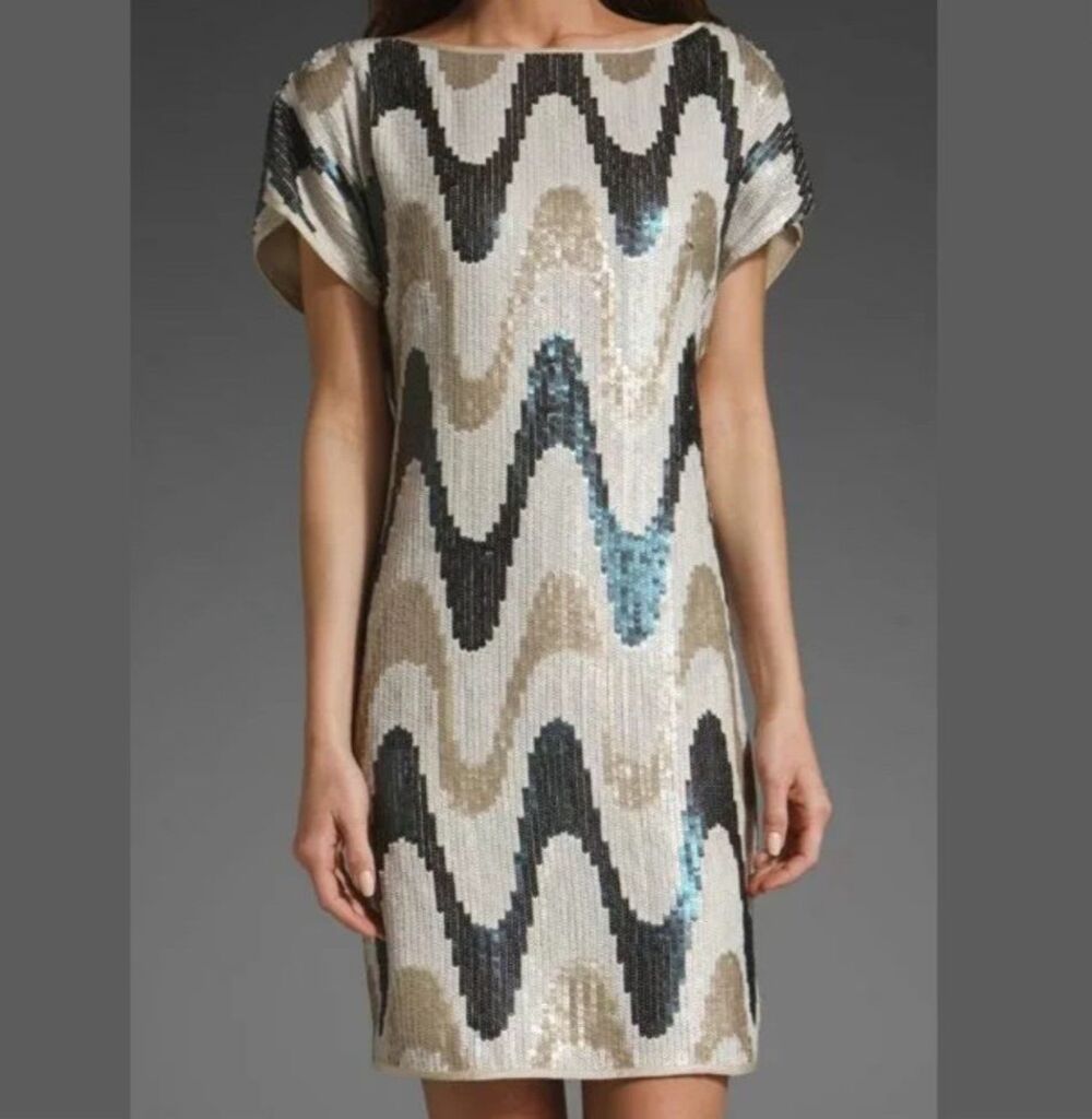 Trina Turk Zig Zag Sequin Shift Dress Size 4 Mod Disco Glam Mini